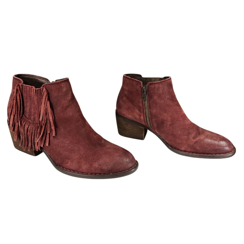 Born Ankle Boots 10M Women Burgundy Suede Fringe Cowboy Coastalcowgirl BOHO 2.5"